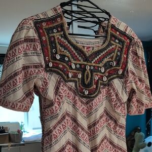 Embroidered Boho Top - Red and Cream
